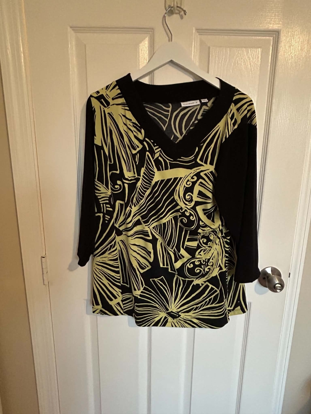 Susan Graver Black Top with Chartreuse Floral V-Neck
